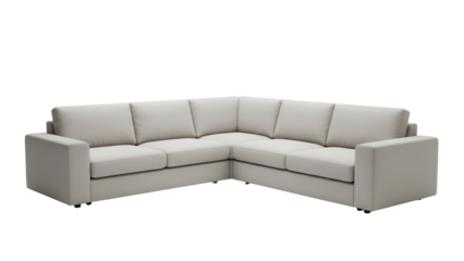 Modern L shaped corner sofa in neutral fabric for family rooms isolated on white background