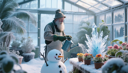 Elderly man watering plants in greenhouse with snowman and ice sculpture  