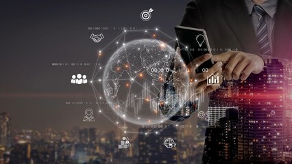 Global business network connecting digital economy and data exchange. Global business expands market, business shares data, global drives finance, and global business supports insight. Marrow