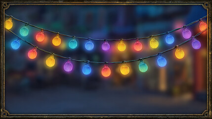 Colorful string lights hanging outdoors, blurred background, festive atmosphere.