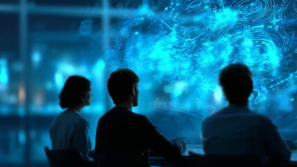 Three people sit at a table in a dark room, gazing at a large digital screen filled with blue futuristic data visualizations and swirling patterns. The scene evokes innovation and advanced technology - Powered by Adobe