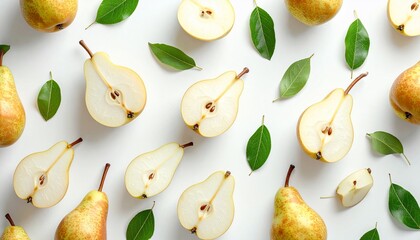 Overhead shot of ripe pears, some halved, scattered with green leaves on a white background