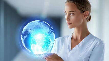 Confident female doctor in a white coat stands in a modern hospital corridor, holding a glowing digital hologram representing artificial intelligence. Futuristic healthcare technology concept - Powered by Adobe