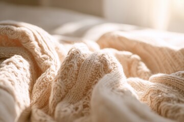 Soft cream knitted blanket on a bed with natural light coming through a window in a cozy indoor setting during the morning
