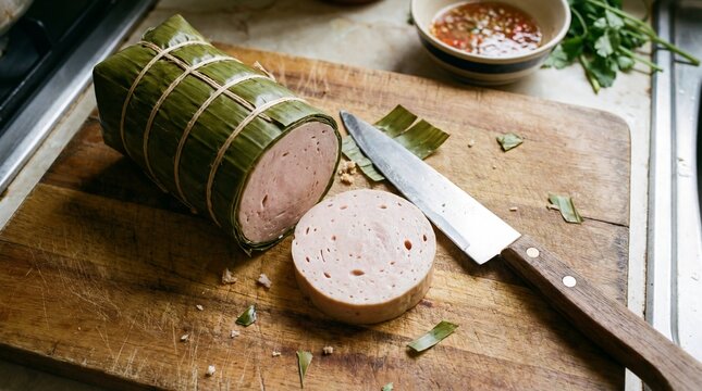 Sliced Vietnamese pork sausage (Cha Lua) wrapped in banana leaves on a wooden cutting board, a traditional dish for Lunar New Year