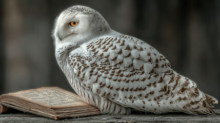 Snowy owl resting on an open book with a dark background.