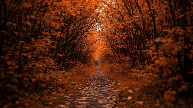A winding path through a vibrant autumn forest with rich orange foliage and fallen leaves. - Powered by Adobe
