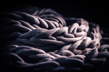 Thick braided rope lies on a dark surface showing texture and detail in a close-up view of the material