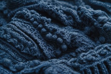 Warm knitted fabric in deep blue color showing detailed texture and patterns for clothing or home decor