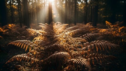 Golden ferns illuminated by warm sun rays on a serene autumn forest floor.