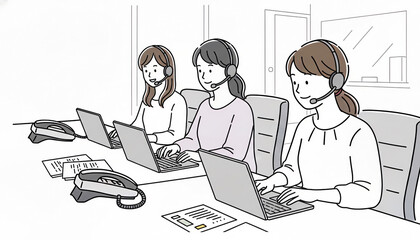 ヘッドセットを着用した女性オペレーターチーム：コールセンターでの顧客対応