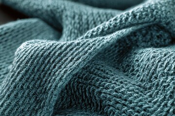 Close-up view of a knitted fabric in a blue-green color with intricate texture and patterns