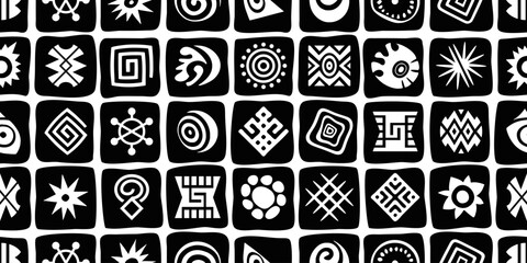 Seamless ethnic pattern, hand-drawn ethnic geometric elements, mosaic of squares, vintage tiles, vector design