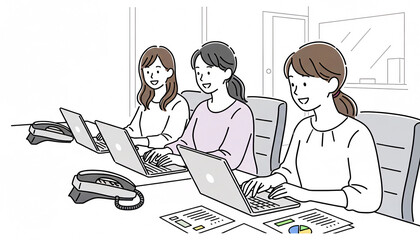 笑顔で働く女性チーム：オフィスでの協力的なパソコン作業