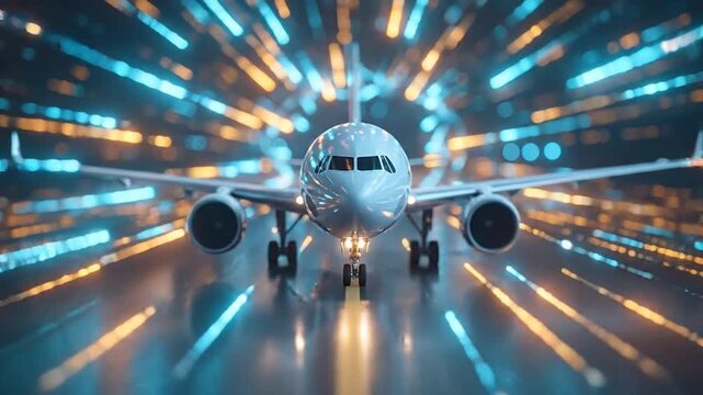 Airplane on a runway with vibrant lights radiating from it in a futuristic setting viewed from the front