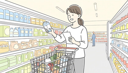 買い物リストをチェックする女性：スーパーマーケットでの楽しい食料品選び