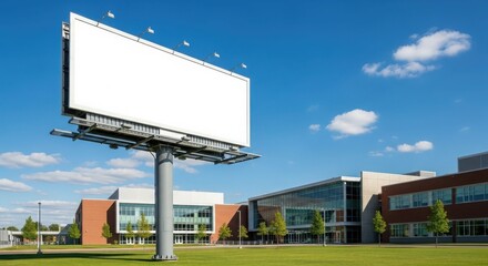 Fototapeta premium A large blank white billboard stands prominently in a green field with modern buildings and a blue sky in the background.