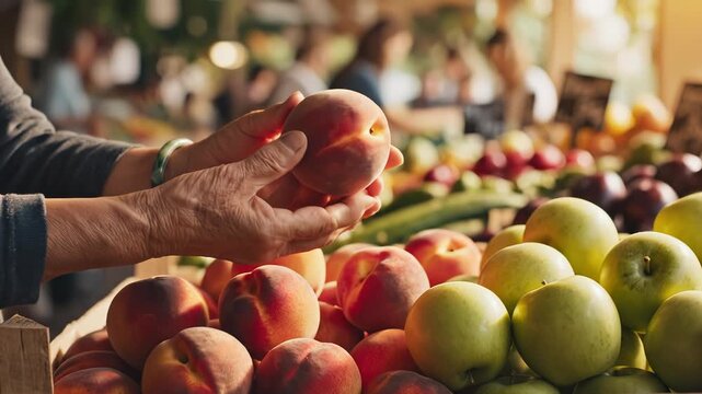 Hands selecting peaches at market