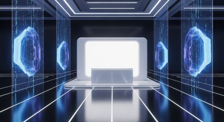 Futuristic stage with glowing blue digital elements and a central screen.