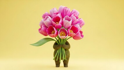 Cute fuzzy character holding a large bouquet of pink tulips on a vibrant yellow background