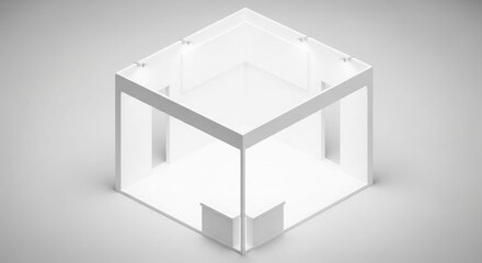 A clean, empty, white exhibition stand or trade show booth with spotlights and a counter, rendered in 3D on a light background.