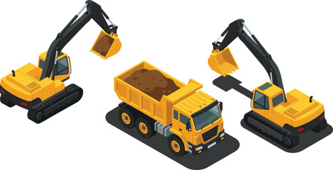 Fototapeta premium Isometric construction excavators loading dump truck, heavy machinery set for building, mining, road construction, industrial engineering illustration, vector