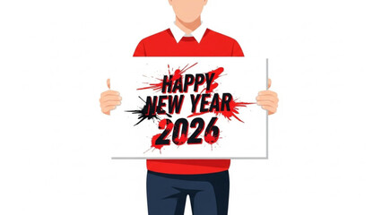 A man holding a sign that reads happy new year 2026 in bold red and black letters with paint splatters