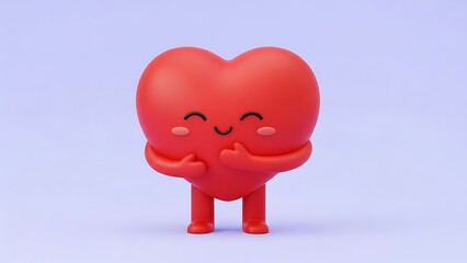 Happy 3D red heart character hugging itself on a soft purple background