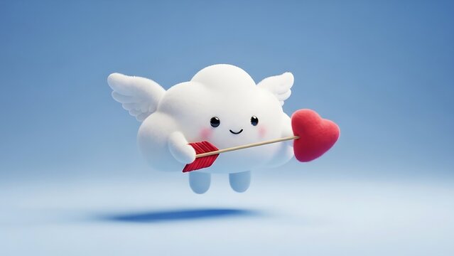 Cute fluffy cloud character holding cupid's arrow with red heart on a light blue background