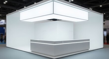 Modern minimalist white exhibition booth with illuminated ceiling and reception counter at a trade show.