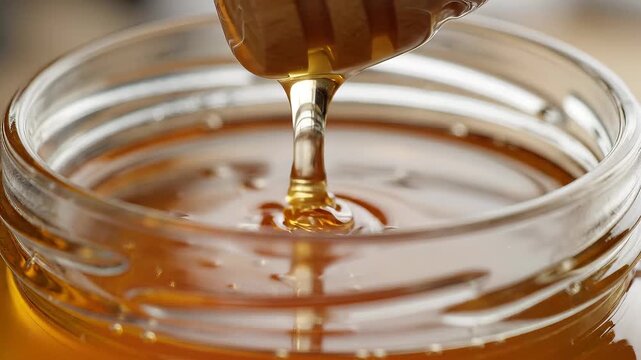 Golden Honey Dripping from Dipper into Glass Jar Sweet and Natural Delicacy.