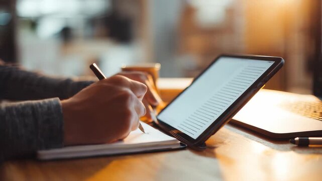 A person takes notes in a notebook while using a digital tablet at a sunlit desk, blending technology and traditional writing. Modern productivity and creativity are highlighted here