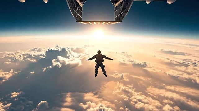 Limitless sky adventure A skydiver freefalls from the stratosphere, silhouetted against a breathtaking sunset over a vast cloudscape, embodying ultimate freedom and courage