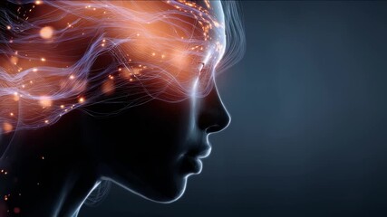 Futuristic digital illustration human profile with glowing neural connections, abstract light trails representing artificial intelligence, advanced technology. Modern mind, innovation - Powered by Adobe
