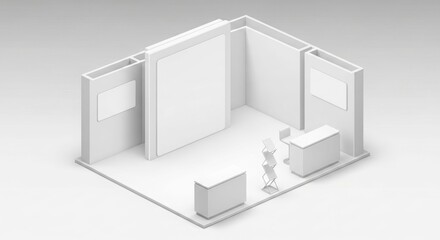 3D rendered isometric view of a blank white exhibition booth or trade show stand with counters and display walls.