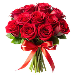 Bouquet of Red Roses Tied with Satin Ribbon Isolated on White