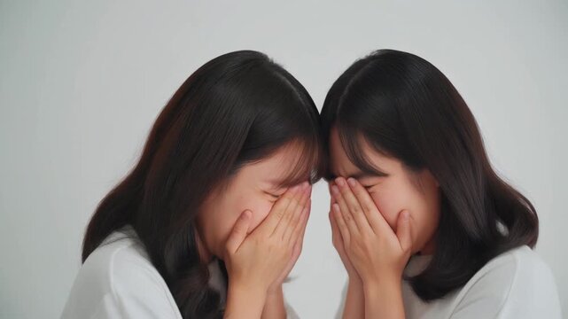 白背景で喜びと悲しみを分かち合う二人の強い感情表現
