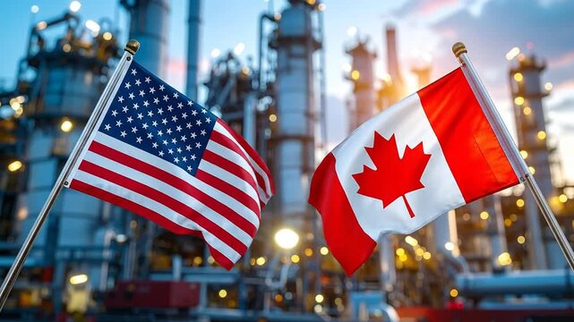 United States and Canada Flags Waving in Front of an Industrial Oil Refinery Complex