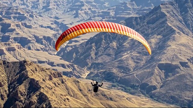 Solo paraglider with orange and red canopy soaring over a vast arid canyon landscape under a clear blue sky during golden hour light