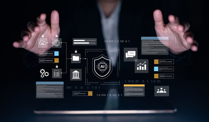 Abstract representation of artificial intelligence and digital security system with hands gesturing over a futuristic graphical interface showcasing data protection concepts. Gantry