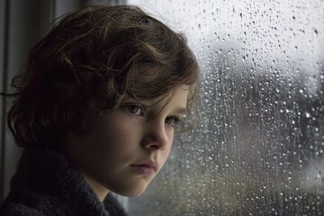 A child looks out a window during a rainy day, observing raindrops sliding down the glass while deep in thought