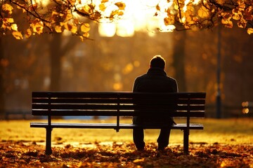 Person sits on bench in park during sunset with orange leaves surrounding the scene