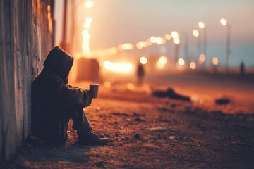 Person sitting on ground near a street holding a cup during evening with lights in background