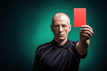 Referee shows red card during a sports game at night with a green background