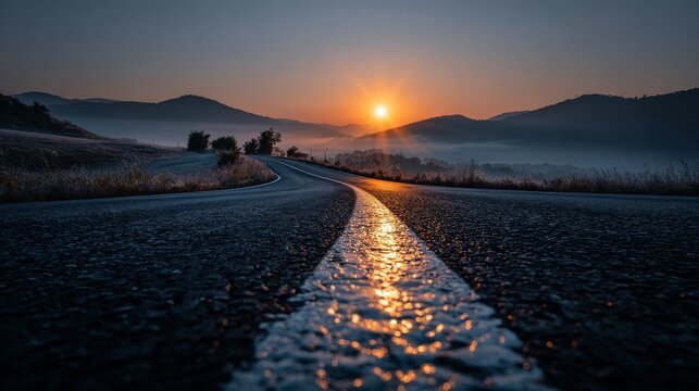 Cinematic dawn landscape with winding empty road, misty hills, reflective asphalt, golden sunrise, sun rays breaking through fog, motivational view of perseverance and new beginnings