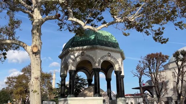 Emperor Wilhelm Fountain or German Fountain detail (Turkish: Alman Cesmesi) at the Sultanahmet Square in Istanbul, Turkey. (4K video)