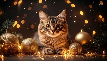 Adorable realistic cat celebrating New Year, sitting calmly with soft golden sparkles and festive decorations, subtle party elements, dark background with warm glow, cinematic lighting, high detail fu