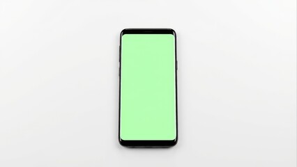 Modern smartphone with bright green screen on white background