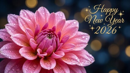 Pink dahlia flower with water drops happy new year greeting