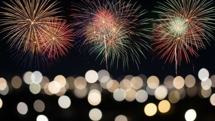 Colorful fireworks exploding in night sky with bokeh lights